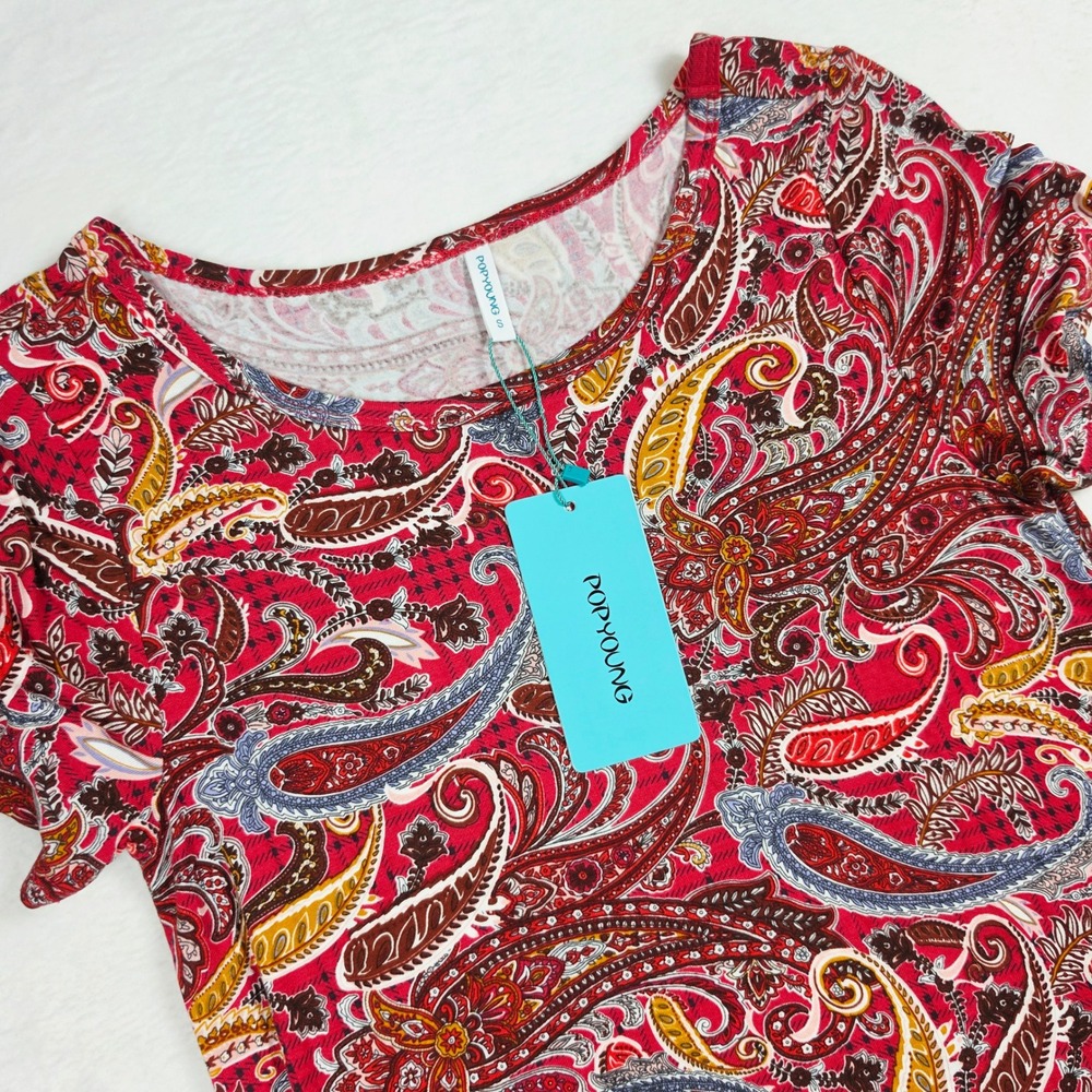PopYoung‎ Womens Red Paisley Print Short Sleeve A-Line T-Shirt Dress Small NWT